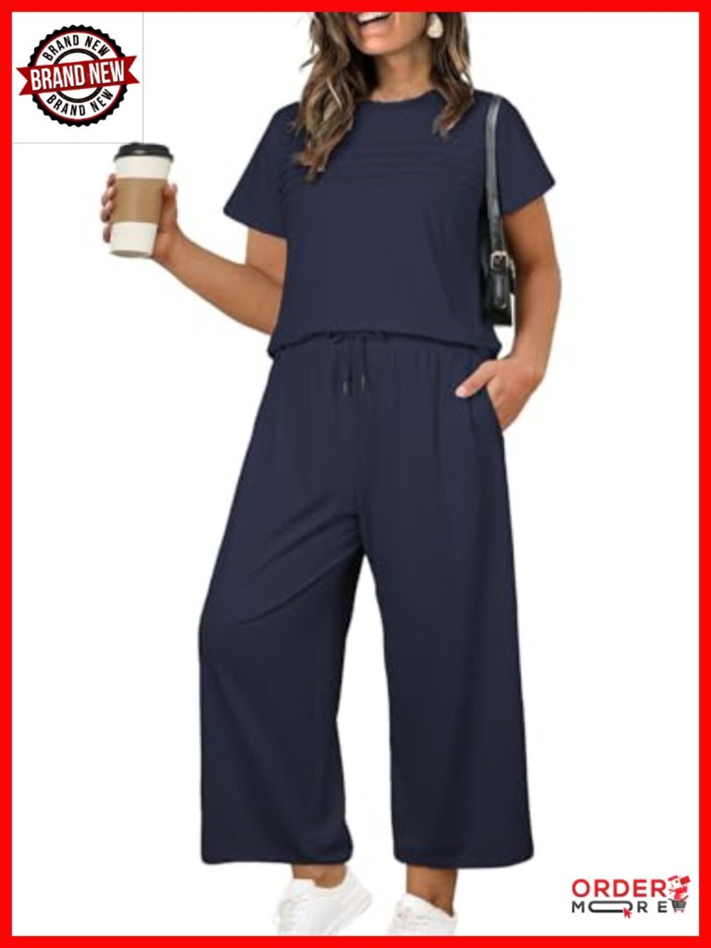 Plus Size Two Piece Lounge Set - Short Sleeve Wide Leg Pants